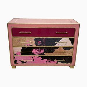 Dresser with Four Drawers in Pink Murano Glass and Cow Leather, 1980s
