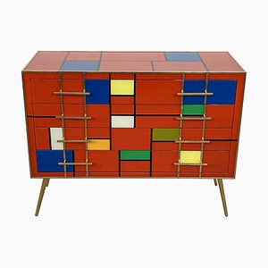 Dresser with Drawers in Red and Multicolored Murano Glass, 1980s