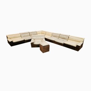Large Italian Modular Sofa in Leather and Suede with Armchair and Pouf, 1970, Set of 10