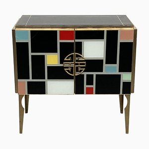 Two-Door Sideboard in Black Murano Glass with Multicolored Inserts, 1980s
