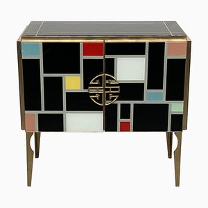 Zweitüriges Sideboard aus schwarzem Muranoglas mit bunten Einsätzen, 1980er