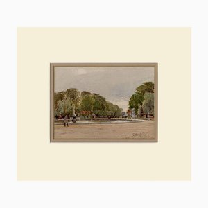 John Fulleylove RI, Giardini delle Tuileries, Parigi, Fine 1800, Acquarello