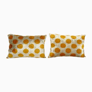 Yellow Ikat Velvet Polka Dot Cushion Covers, 2010s, Set of 2