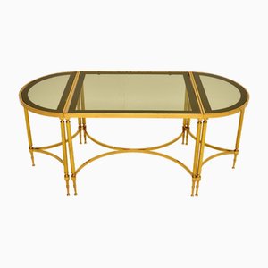 Vintage French Coffee Table in Brass and Glass, 1970s, Set of 3