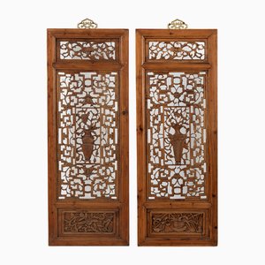 Carved Window Panels with Flower Vases, Set of 2