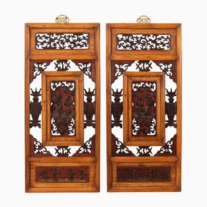 Antique Carved Window Panels in Natural and Red, Set of 2