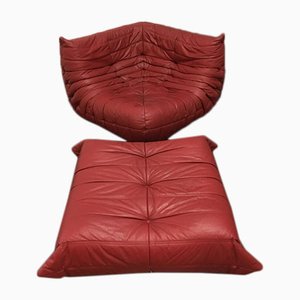 Red Leather Togo Corner Seat & Pouf by Michel Ducaroy for Ligne Roset, 1974