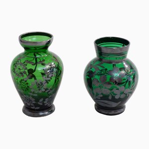 Small Art Deco Souvenirs in Green Blown Glass & Silver Decor, Venice, 1930s, Set of 2