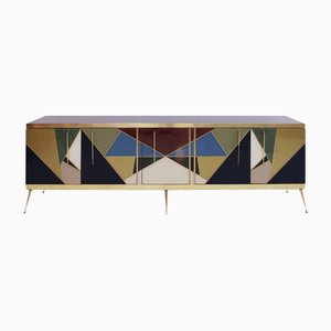 Credenza in legno, ottone e vetro colorato, Italia