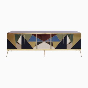 Enfilade en Bois, Laiton et Verre Coloré, Italie