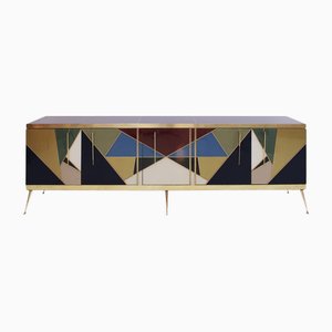 Italian Sideboard in Wood, Brass and Colored Glass