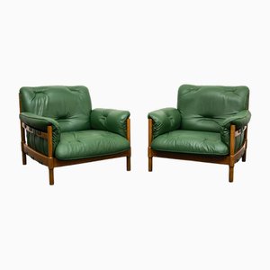 Mid-Century Armchairs in Green Leather and Oak in the style of Jean Gillon, Germany, 1970s, Set of 2