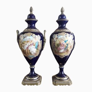 Cobalt Blue Porcelain Vases with Painting and Bronzes, Set of 2