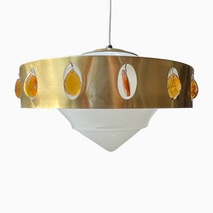 Danish Prism Ceiling Lamp in Opaline Glass and Brass, 1970s
