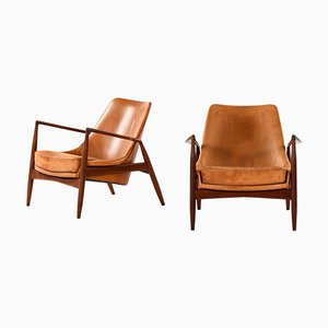 Easy Chairs in Teak and Leather attributed to Ib Kofod-Larsen, 1950s, Set of 2