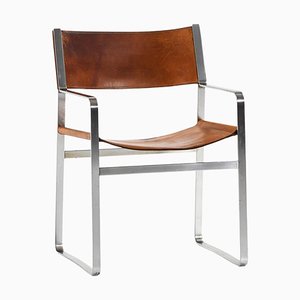 Armchair in Steel and Original Leather attributed to Hans Wegner, 1970s