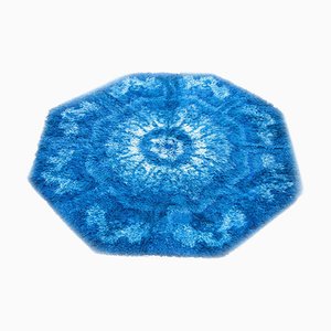 Alfombra vintage octogonal de lana azul de Louis De Poortere, años 70