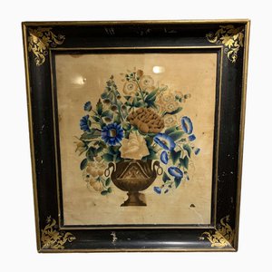 Flower Filled Urn, Painting on Velvet, 19th Century, Framed