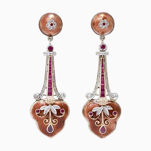 Boucles d'Oreilles Pendantes en Émail, Rubis, Diamants et Or Rose et Argent, 1970s, Set de 2