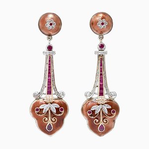 Enamel, Rubies, Diamonds and Rose Gold and Silver Dangle Earrings, 1970s, Set of 2