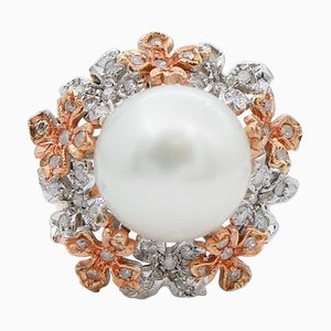Ring mit Perlen, Diamanten und 14 Karat Weiß- und Roségold