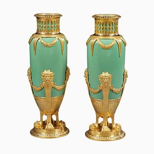 Jade Green Opaline and Gilded Brass Vases, 1880, Set of 2