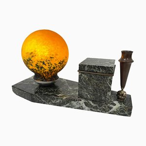 French Art Deco Marble Inkwell with Lamp, 1920