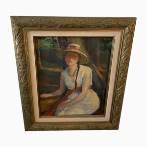 Retrato de mujer con sombrero, pintura, enmarcado