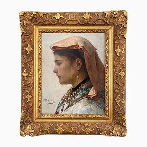 Alexandre-Jacques Chantron, Porträt einer Frau, Öl auf Holz, 1882, gerahmt