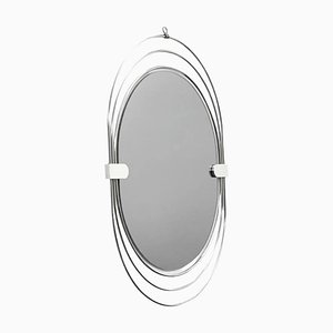 Espejo de pared italiano era espacial oval de acero y vidrio ahumado de Gaetano Sciolari, años 70