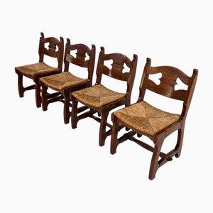 Sillas de madera y asiento de paja trenzada de Guillerme Et Chambron para Votre Maison, años 50. Juego de 4
