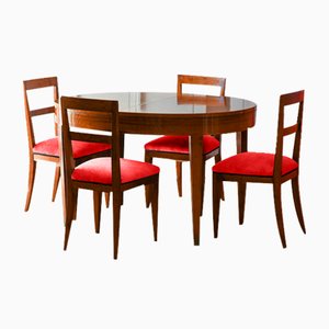 Extendable Wooden Table with Chairs in Dedar Red Velvet Cushions. Set of 7