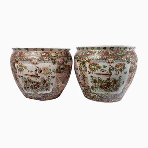 Acuarios de Cantón de China, siglo XIX con peces esmaltados en porcelana. Juego de 2