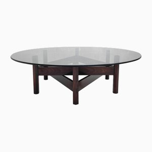 Round Coffee Table Wooden Base in Star Shape and Round Glass Glass Tray