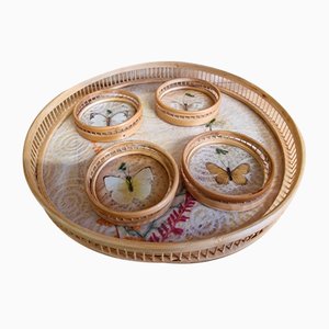 Vintage Tray with Four Glass Coasters, Set of 5