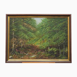 Georg Christian, Forest Road with Fairways, Large Oil on Canvas, 1926, Framed
