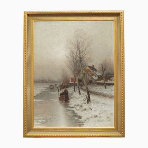 Johann Jungblut, Impressionist Winter Landscape & Yard, 1885, Ölgemälde, gerahmt