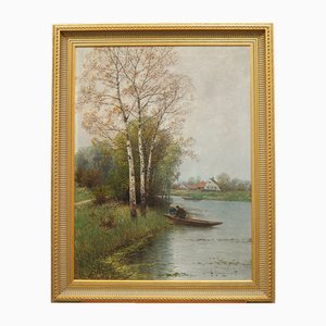 Johann Jungblut, paisaje fluvial en el Bajo Rin, pintura al óleo, enmarcado