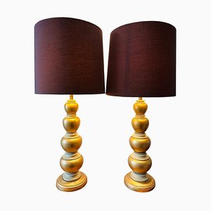 American Gold Leaf & Cream Painted Wooden Table Lamps with Shades by Frederick Cooper, 1950s, Set of 2