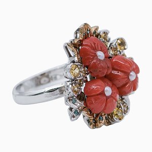 Bague corail, diamant, saphir, perle, or blanc et rose 14 carats