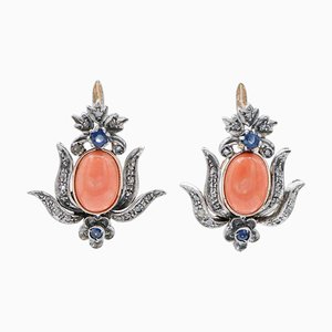 Coral, Sapphire, Diamond, 14 Karat Rose Gold and Silver Earrings, 1950s, Set of 2