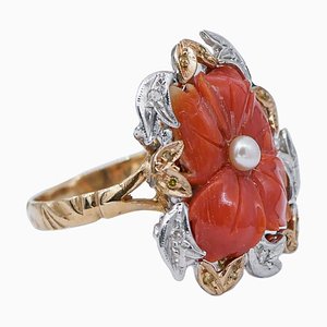 Koralle weißer Diamant, Perle, Ring aus 14 Karat Weiß- und Roségold