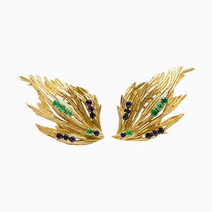 Emerald, Sapphire, Amethyst, 18 Karat Yellow Gold Clip-on Earrings by Aeg, 1960s, Set of 2