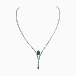 Emeralds, Diamond, 14 Karat White Gold Tennis Necklace, 1980s