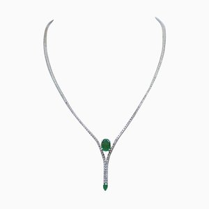 Smaragde, Diamant, 14 Karat Weißgold Tennis Halskette, 1980er