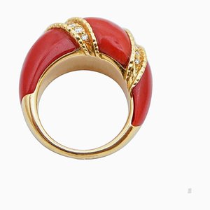 Koralle, Diamant, 18 Karat Gelbgold Ring, 1950er