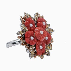 Coral Diamond, Sapphire, Pearl, 14 Karat White and Rose Gold Ring