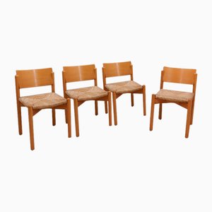 Chaises de Salle à Manger Vintage en Bois avec Siège en Paille, 1970s, Set de 4