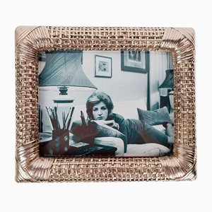 Mid-Century Table Picture Frame in Silver Plated & Woven Wicker, Italy, 1970s