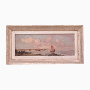 Scena di mare romantica, dipinto su pannello, con cornice